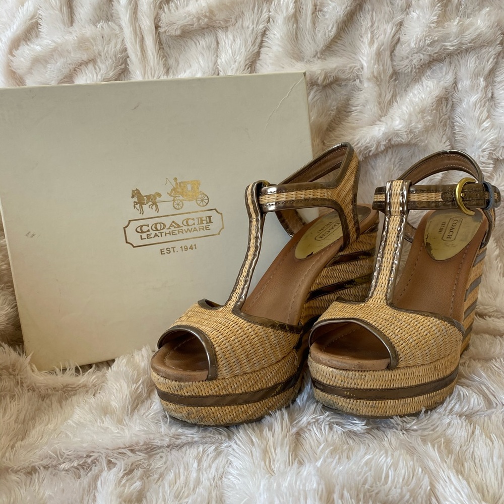 Coach Gold Platform Wedges Sandals 8.5